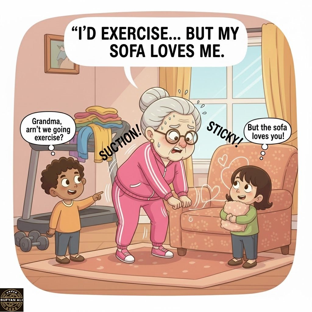 May be an image of text that says '"I'D EXERCISE... BUT MY SOFA LOVES ME. Grandma, arn't going exercise? O STICKY STICKY But the sofa loves you! SUCTION! ピヒイ በማ'