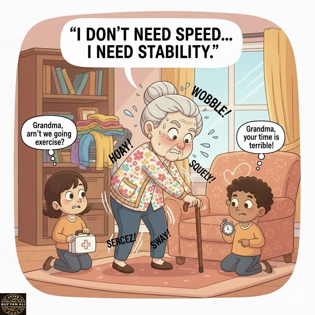May be a doodle of text that says '"I DON'T NEED SPEED... I NEED STABILITY." Grandma, arn't we going exercise? oP WOBBLE! NOBBLE Grandma, your time is terrible! SQUELY! + 一 1 BE HUP T'