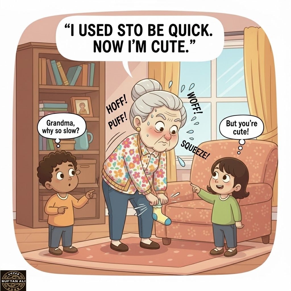 May be a doodle of ‎child and ‎text that says '‎" " USED STO BE QUICK. NOW I'M CUTE.' " 8 Grandma, why so slow? HOFF! PUFF! PUFF! o iFOM ٥ه ร SQUEEZE! But Butyou're you're cute! まとか BUF SUFYANALI‎'‎‎