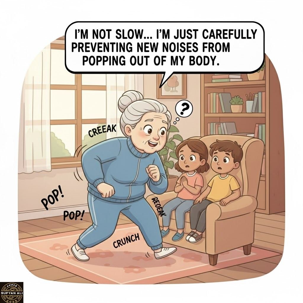 May be an image of text that says 'I'M NOT SLOW... .α'Μ JUST CAREFULLY PREVENTING NEW NOISES FROM POPPING OUT OF MY BODY. CREEAK POP! POP! REDEAK CRUNCH CRUNCH ውቀች QUE BU'