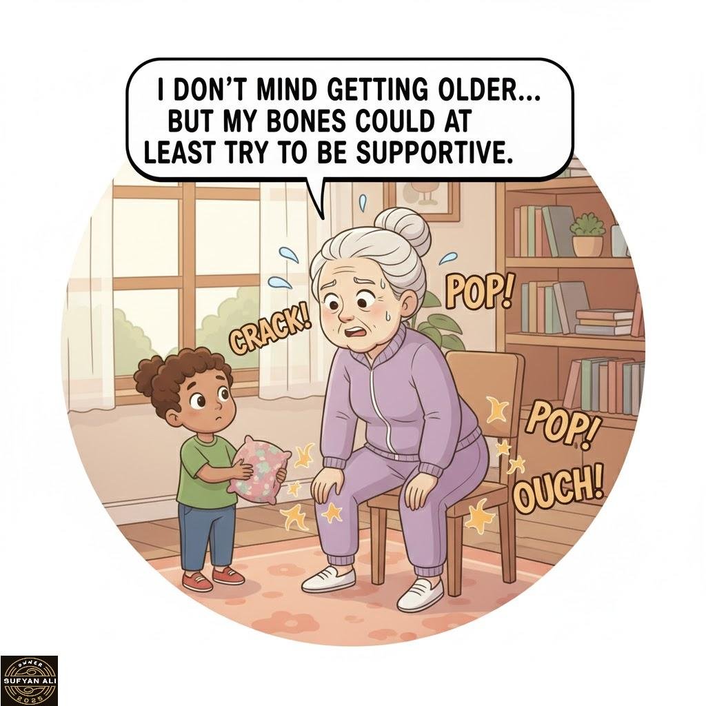 May be a doodle of ‎text that says '‎I IDON'T MIND GETTING OLDER... BUT MY BONES COULD AT LEAST TRY TO BE SUPPORTIVE. POP! POP! OUCH! مودة ロー号 UFYANAL‎'‎