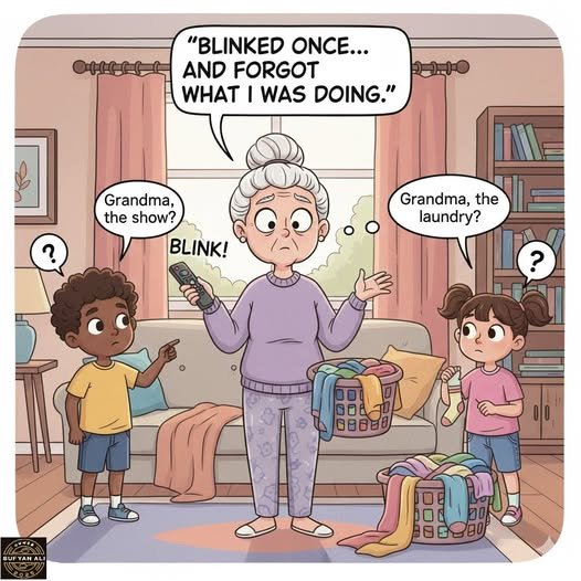May be an illustration of text that says '"BLINKED ONCE... AND FORGOT WHAT I WAS DOING." Grandma, the show? BLINK! ห Grandma, the laundry? ? BU 群 AN'