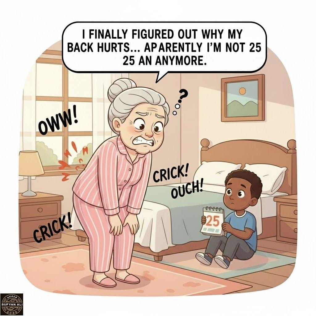 May be an image of text that says 'I FINALLY FIGURED OUT WHY MY BACK HURTS... AP PARENTLY I'M NOT 25 25 AN ANYMORE. OWW OWW! ! OИCH! শ্ররিল 25 - CRICK! 五べか'