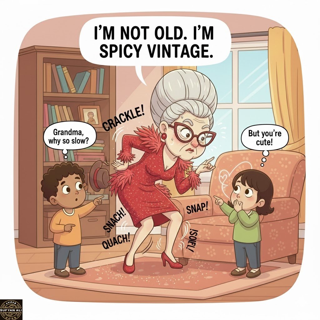 May be a doodle of text that says 'I'M NOT OLD. I'MNOTOLD.I'M I'M SPICY VINTAGE. Grandma, CRACKLE! CKLE! whysoslow? why so slow? But you're Butyou're re cute! CH! SNAP! QUACH! A + SUFYANAL'