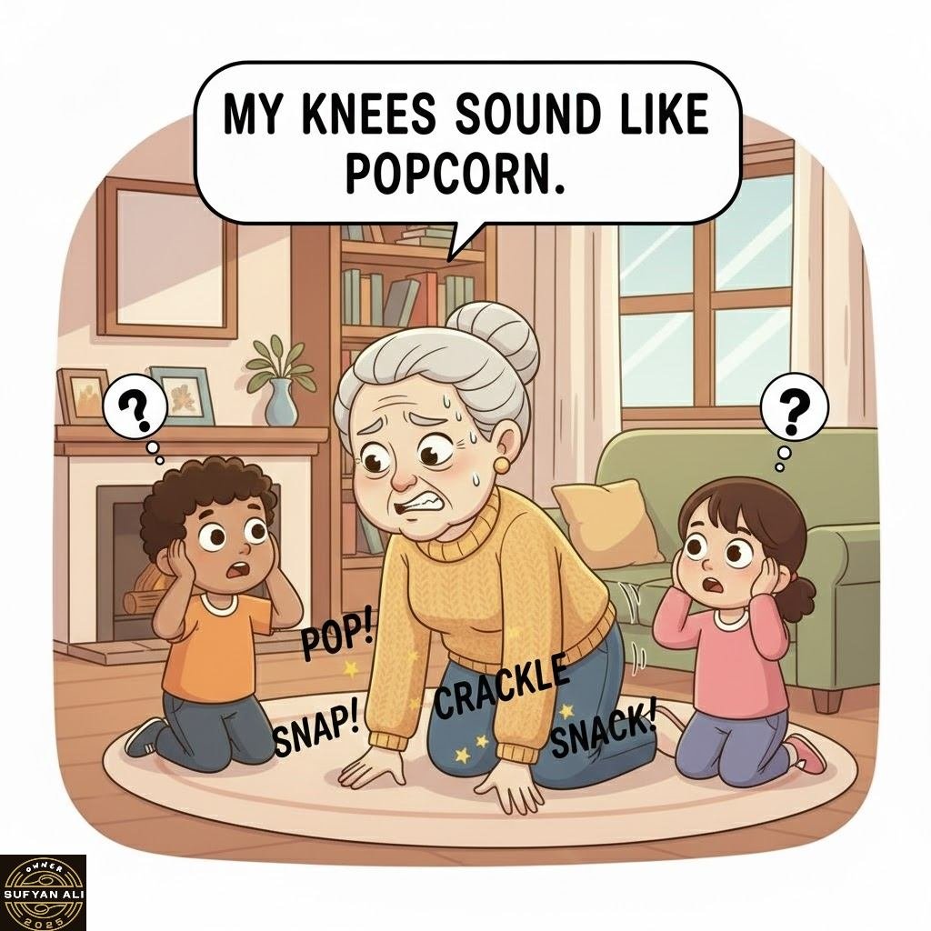 May be an image of text that says 'MY KNEES SOUND LIKE POPCORN. ? ? POP! SNAP! SNAP! CRACKL CKL BUFYAN ALI'