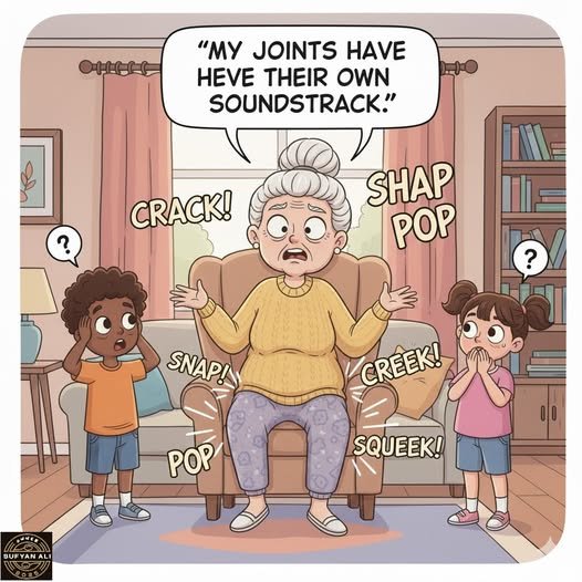 May be an image of text that says '"MY JOINTS HAVE HEVE THEIR OWN SOUNDSTRACK." e ! SHAP POP ? SNAP! CRÈEK! CREEK! POP Y SQUEEK! SUFYANALI ALI'